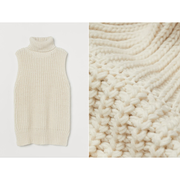 H&M Sweaters - H&M Sleeveless Turtleneck Sweater, Cream, Oversized Chunky Knit Long line Size S